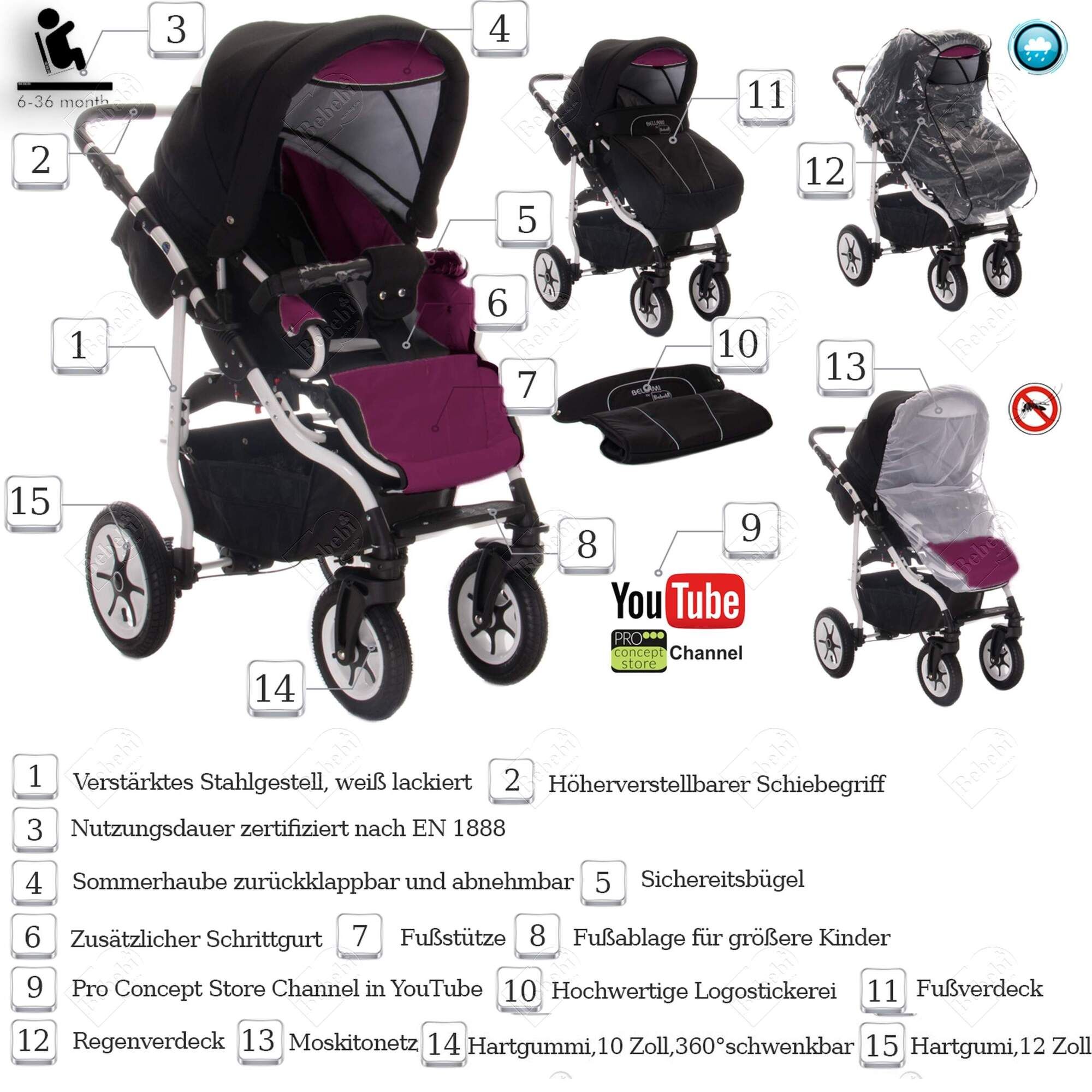 Kombikinderwagen mit Luftreifen, schwarz-lila. Einzelteile und Zubehör: Babywanne, Moskitonetz, Regenschutz, etc. Beschriftungen.