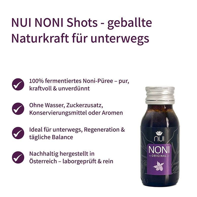 NUI NONI Flasche neben Text. Beschreibt Vorteile: 100% fermentiertes Noni-Püree, ohne Zusätze, ideal für unterwegs, nachhaltig.