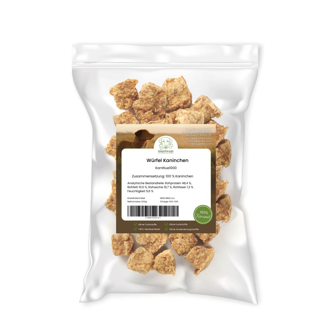 Verpackung mit Kaninchen-Würfeln, 100% Kaninchen, analytische Bestandteile aufgeführt.