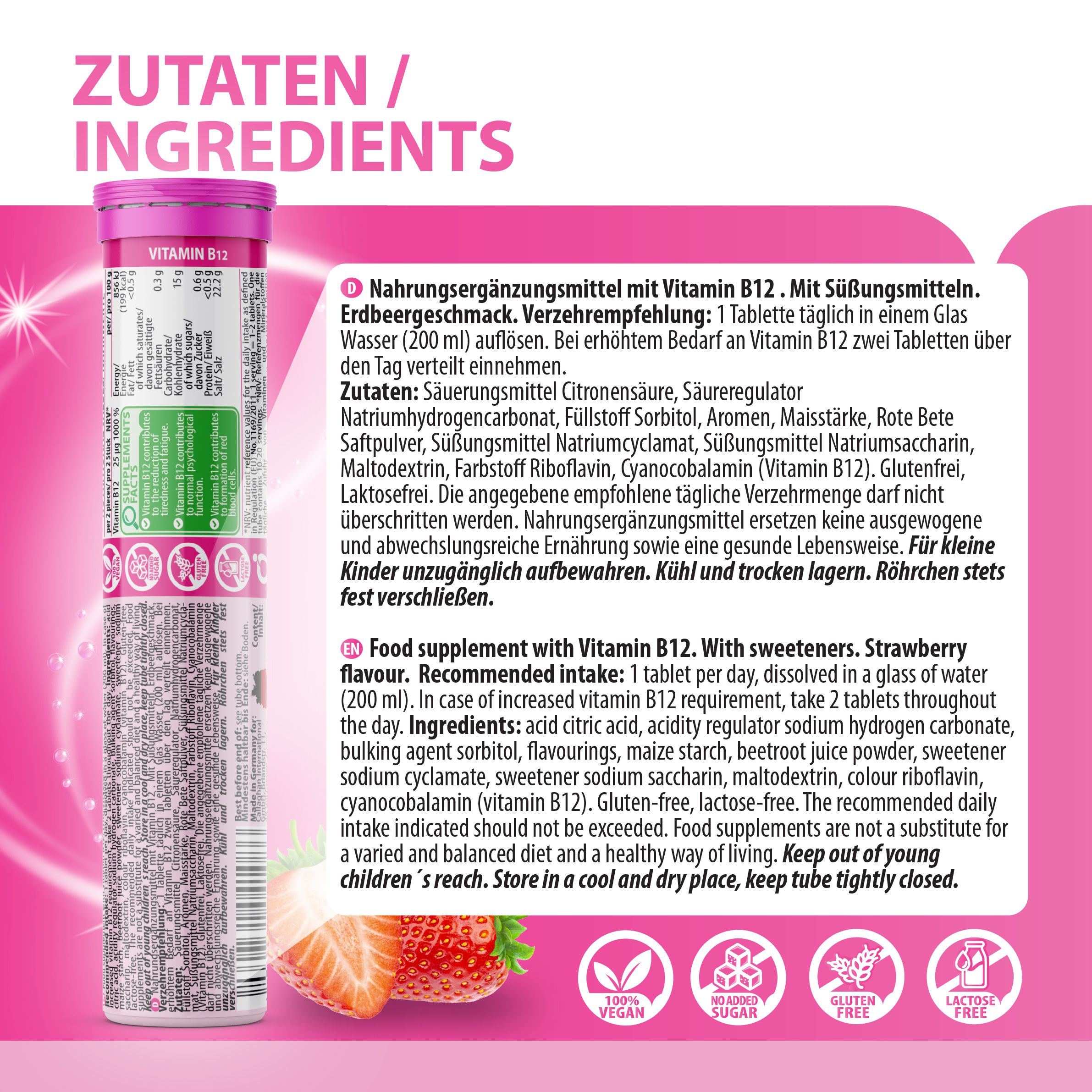 Produktabbildung EVÄM Vitamin B12. Rosa Hintergrund mit Zutatenliste und Anwendungshinweisen. Enthält Süßstoffe.
