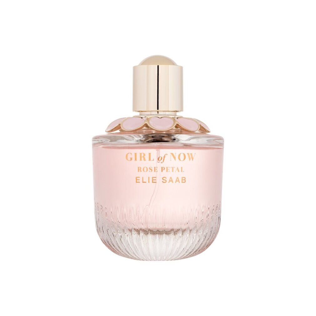 Elie Saab Girl of Now Rose Petal Eau de Parfum Nat. Spray Flakon mit goldenem Verschluss und Blütenapplikation.