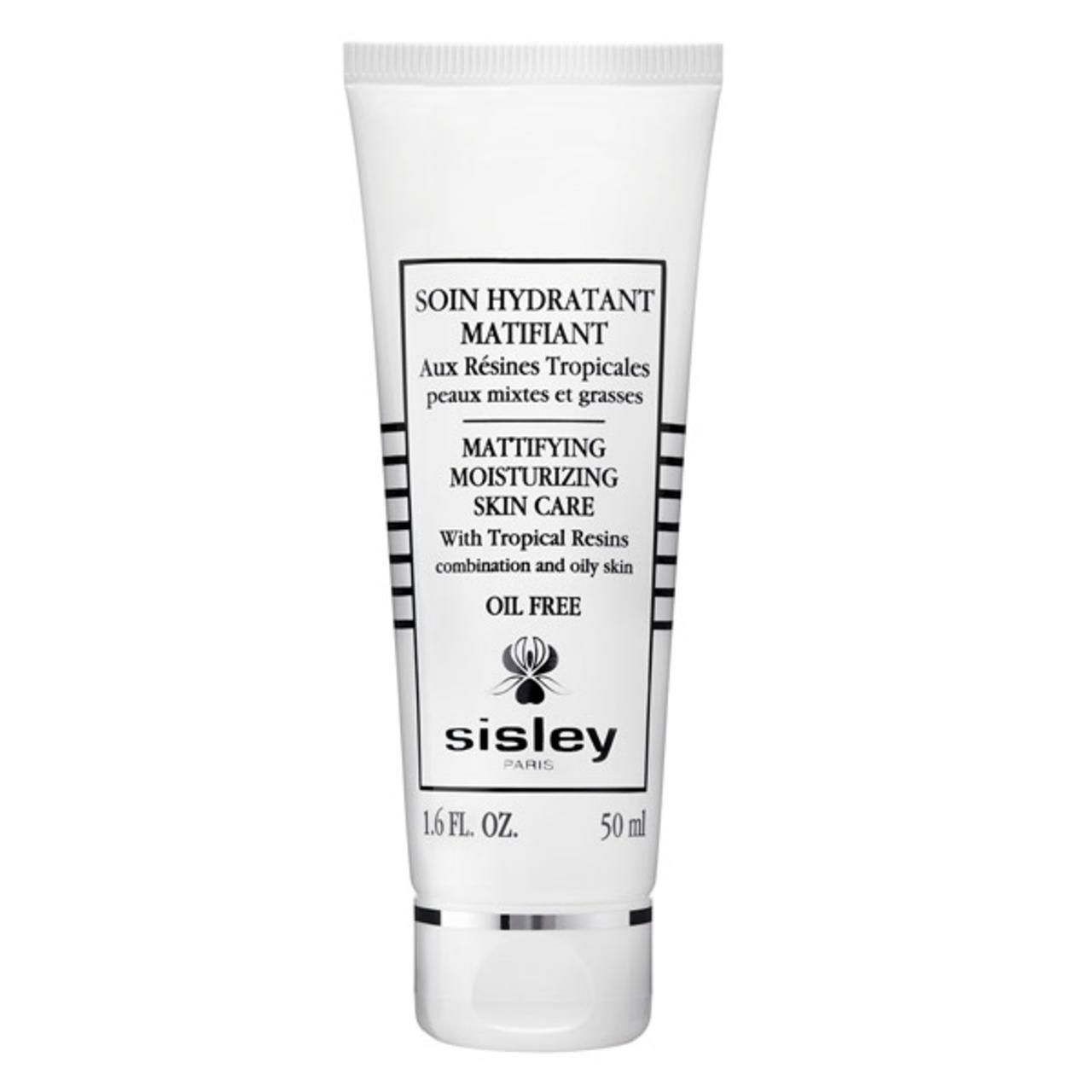 Weiße Tube mit schwarzer Schrift. Text: Soin Hydratant Matifiant, Sisley Paris, 1.6 FL. OZ. und 50 ml.