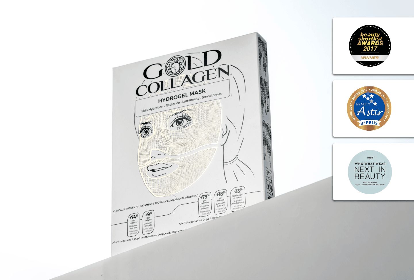 Gold Collagen Hydrogel Maske-Verpackung. Weiße Schachtel mit Text und Auszeichnungen. Text: Hydrogel Mask, Beauty Shortlist Awards, Astir.