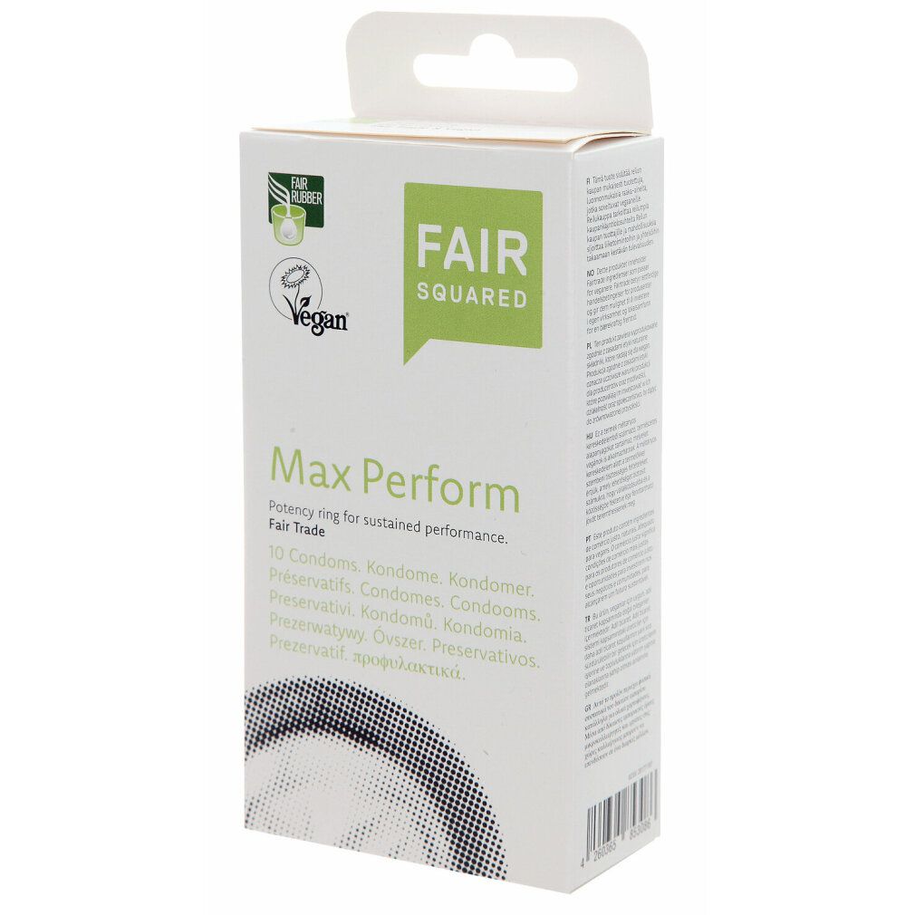 Weiße Schachtel mit "FAIR SQUARED" und "Max Perform" Schriftzug. Vegan-Siegel. Enthält 10 Kondome.