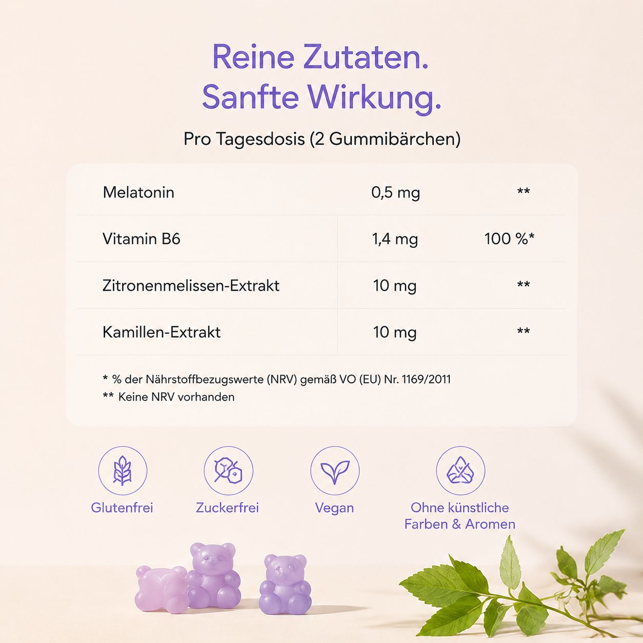 Tabelle mit Inhaltsstoffen pro Tagesdosis: Melatonin, Vitamin B6, Zitronenmelissen-Extrakt, Kamillen-Extrakt. Icons: glutenfrei, zuckerfrei, vegan.