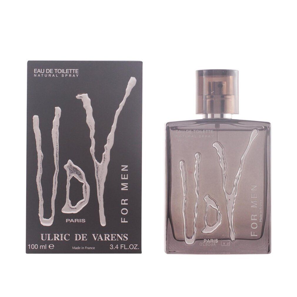 Ulric De Varens Men Eau De Toilette Spray. Rechteckiger Flakon und Schachtel. Graue Verpackung mit weißem Schriftzug. Flakon mit brauner Flüssigkeit.