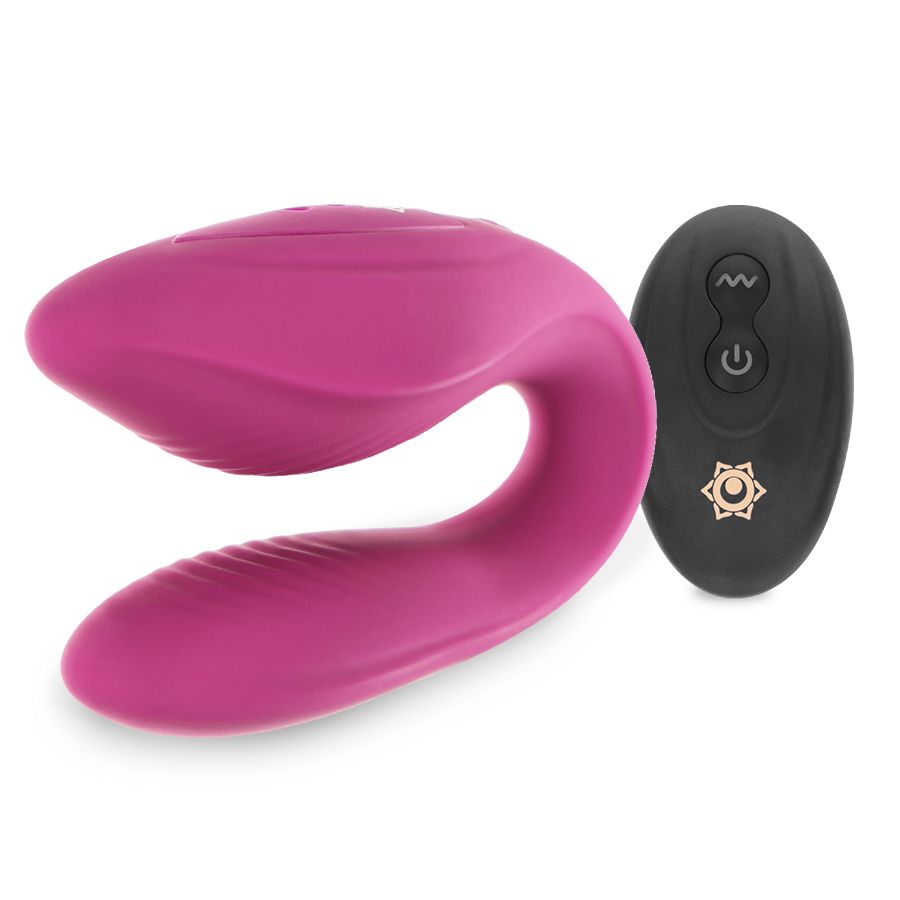 Lila Vibrator mit schwarzer Fernbedienung. Fernbedienung mit Symbolen. Vibrator mit Knöpfen.