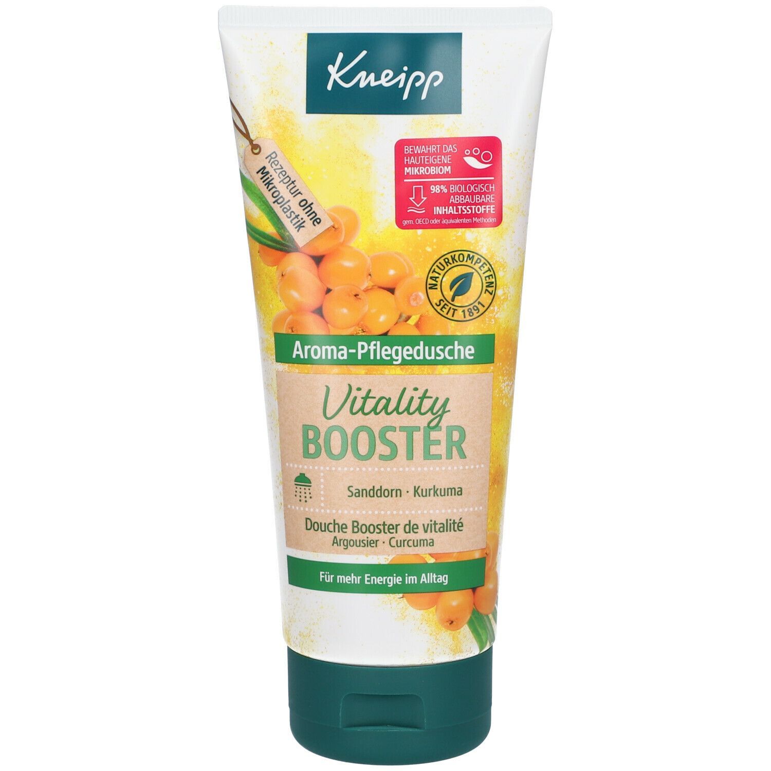 Kneipp Aroma-Pflegedusche Vitality Booster. Tube mit Sanddorn und Kurkuma. Grüne Kappe. Text: "Für mehr Energie im Alltag".