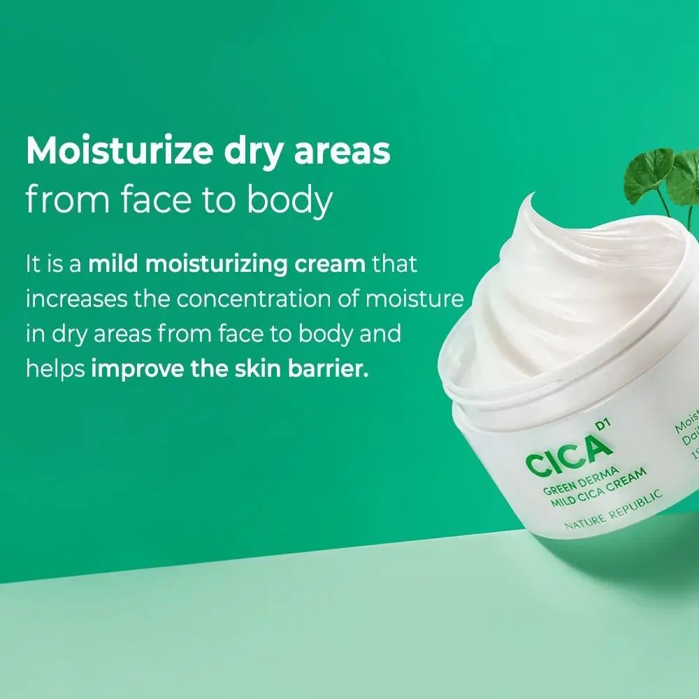 Text: Moisturize dry areas from face to body. Weißer Tiegel mit grüner CICA-Aufschrift, Green Derma Mild Cica Cream. Creme auf grünem Hintergrund.