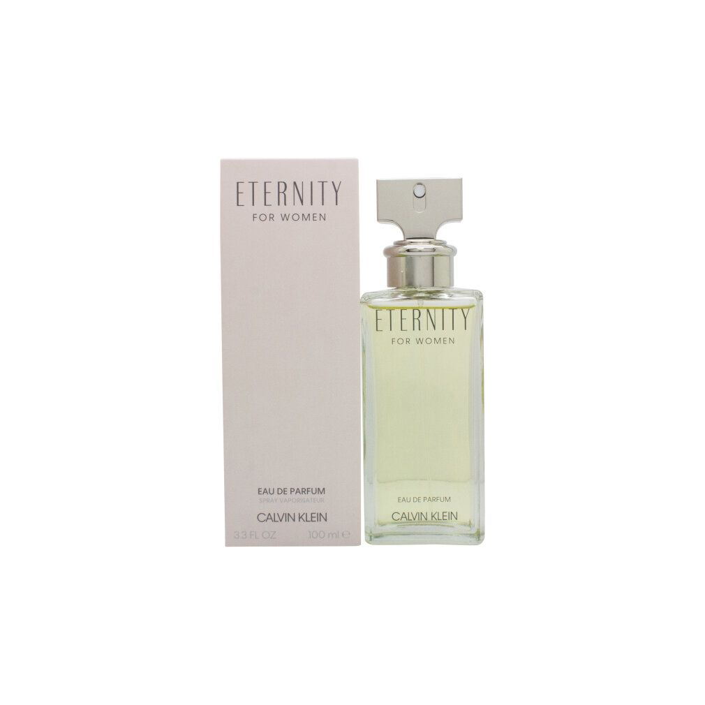 Eau de Parfum Flakon und Verpackung. Aufschrift: Eternity for Women, Calvin Klein. Rechteckiger Flakon mit silbernem Verschluss.