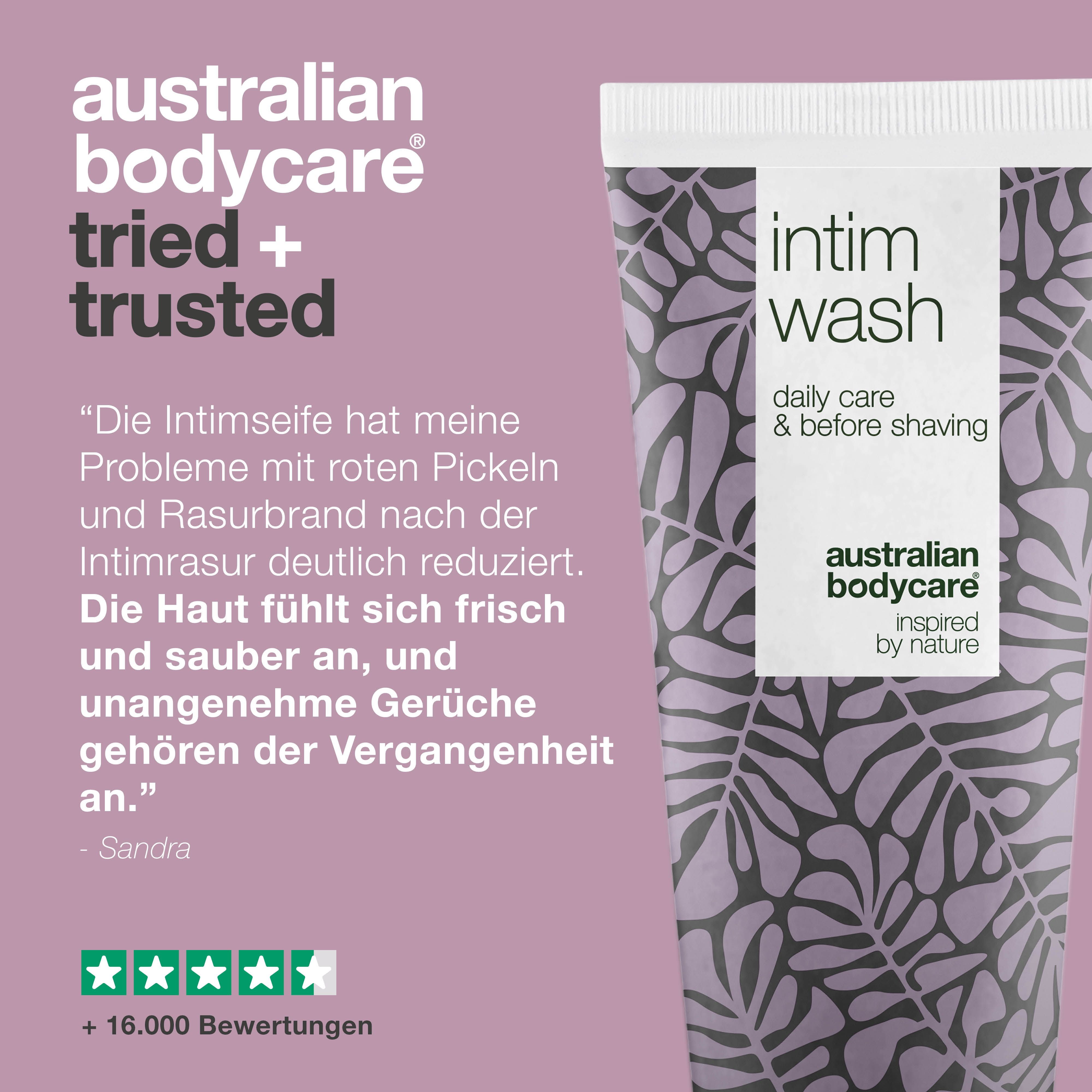 Grafik: Getestet und bestätigt. Tube Intimwaschlotion. Text: +16.000 Bewertungen, etc.