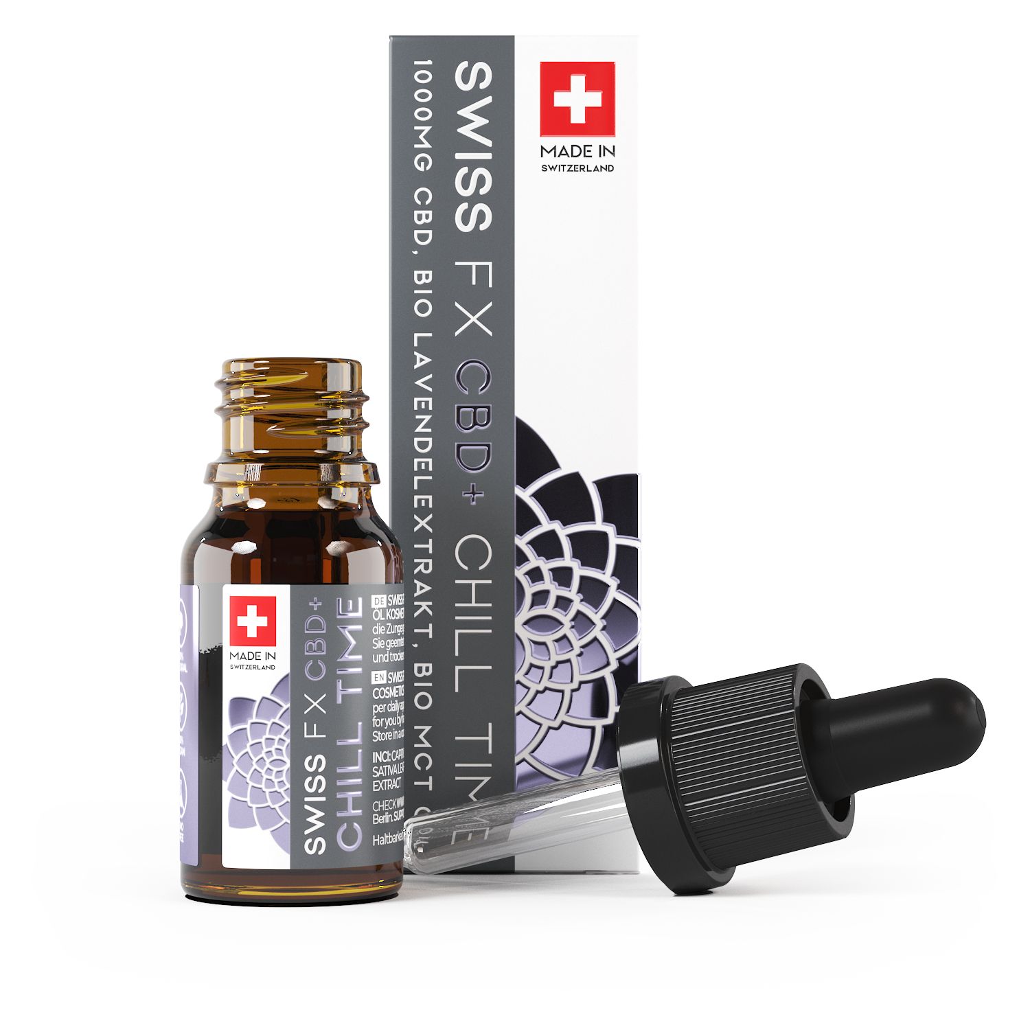 Braune Glasflasche mit Tropfer und Verpackung. Tropfer liegt daneben. Aufschrift: SWISS FX CBD+ CHILL TIME, Schweizer Kreuz. Made in Switzerland.