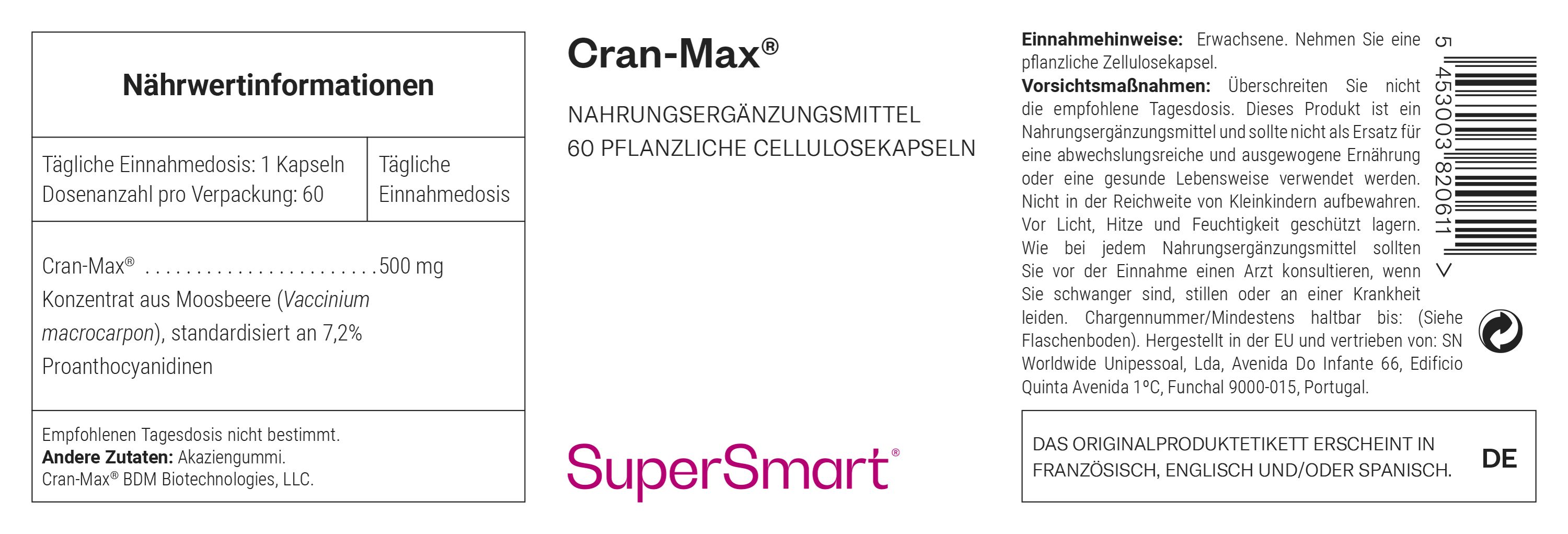 Etikett mit Nährwertinformationen. Cran-Max® 60 pflanzliche Cellulosekapseln. SuperSmart.