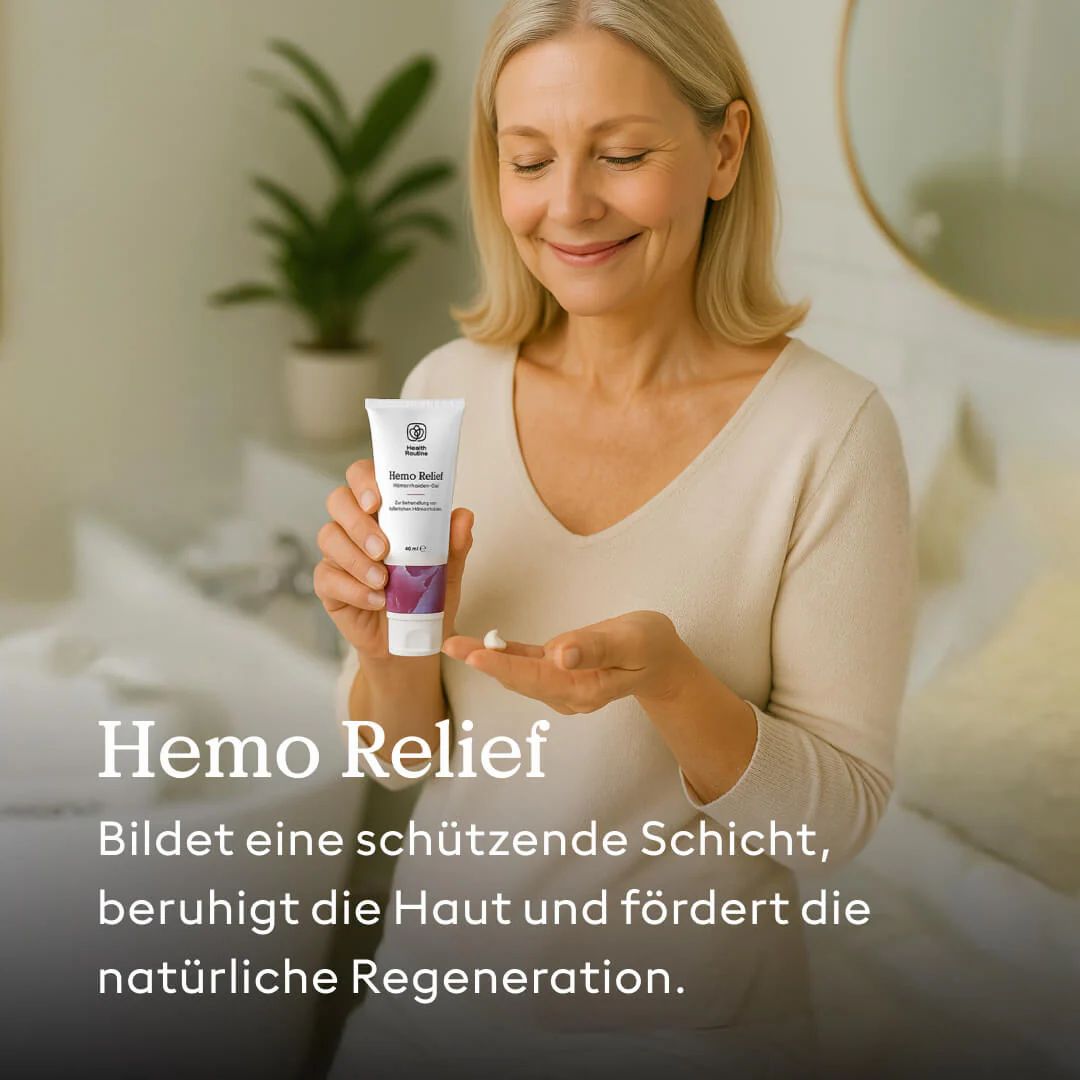 Frau hält Tube Hemo Relief. Produkt und Text: Bildet eine schützende Schicht, beruhigt die Haut und fördert die natürliche Regeneration.