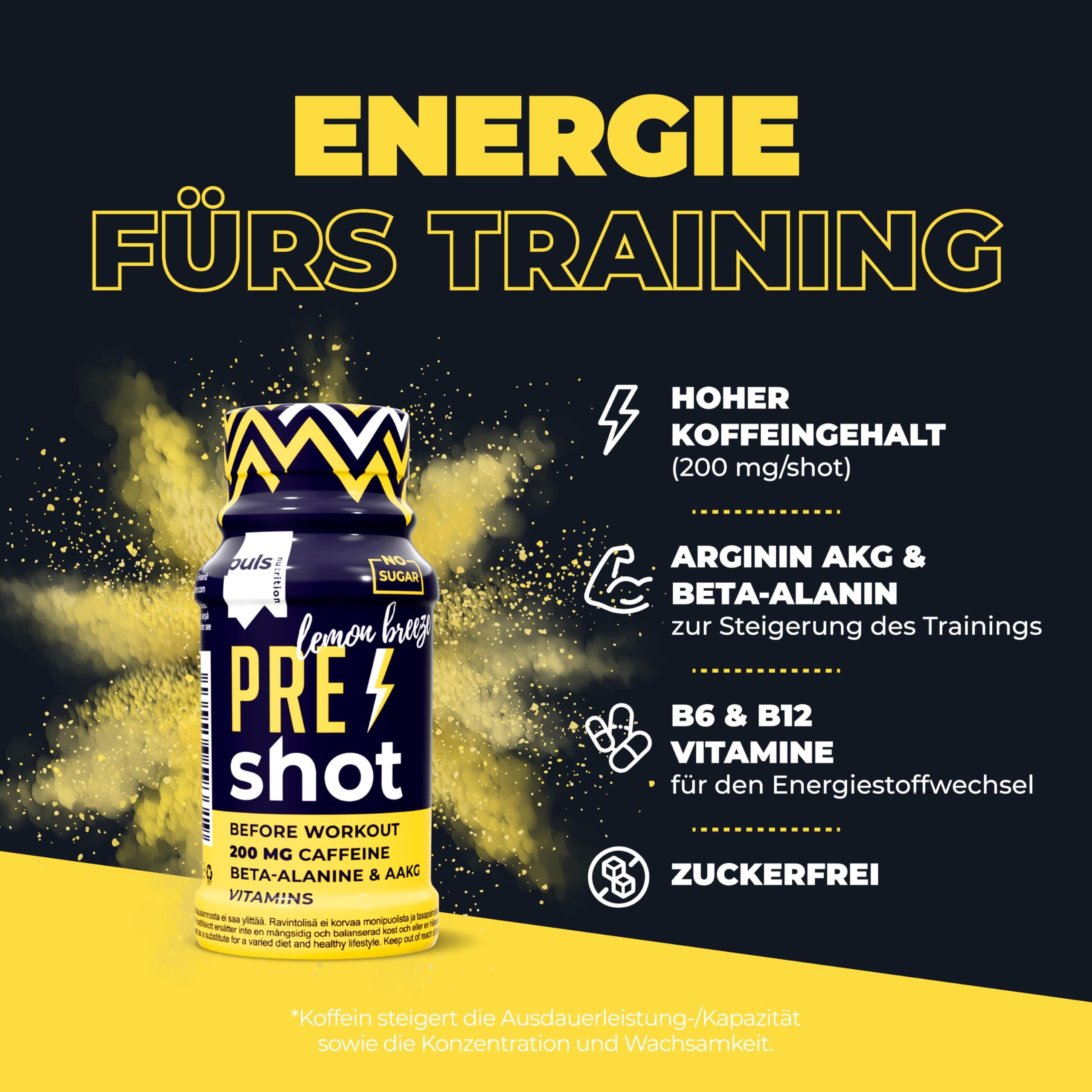 Flasche Pre-Workout-Shot mit Zitronengeschmack, Zuckerfrei, 200 mg Koffein, B6 & B12 Vitamine.