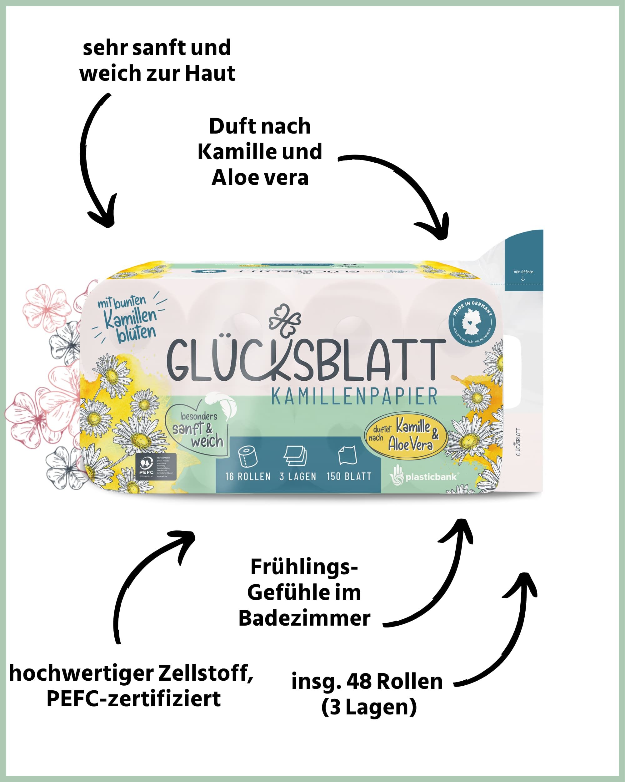 Verpackung Toilettenpapier Kamille, 48 Rollen, 3 Lagen, PEFC-zertifiziert.