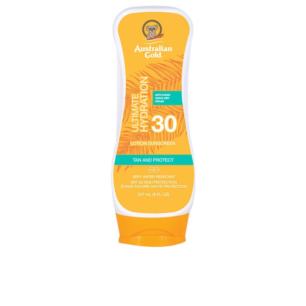 Sonnenlotion mit SPF 30. Gelbe Flasche mit weißem Deckel. Text: Ultimate Hydration, Australian Gold, Tan and Protect.