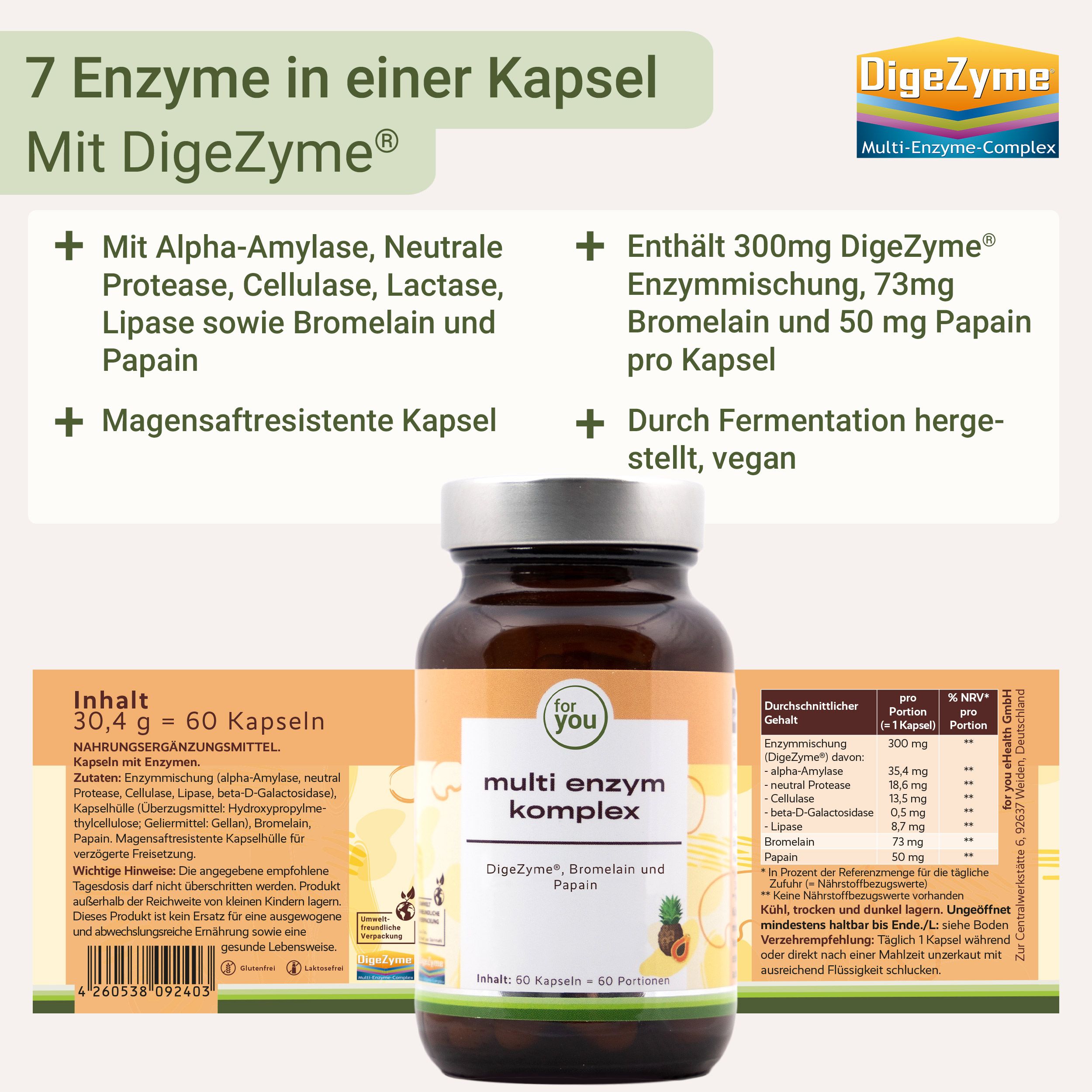 Rückseite einer Flasche mit Kapseln, mit Nährwertangaben und Produktinformationen.