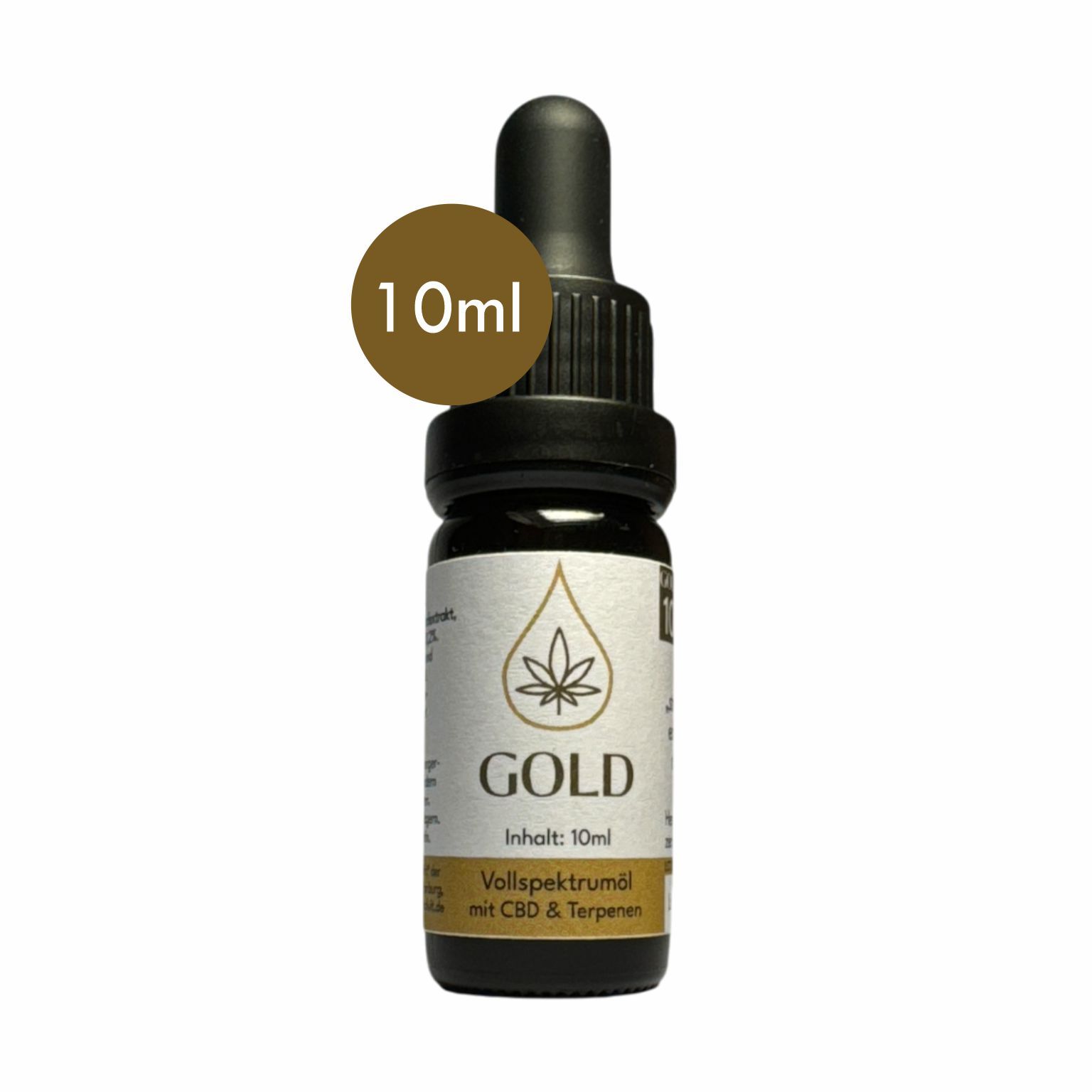 Dunkle Glasflasche mit Pipette, Etikett mit Blatt-Symbol, 'GOLD' und '10ml'. Vollspektrumöl mit CBD & Terpenen.