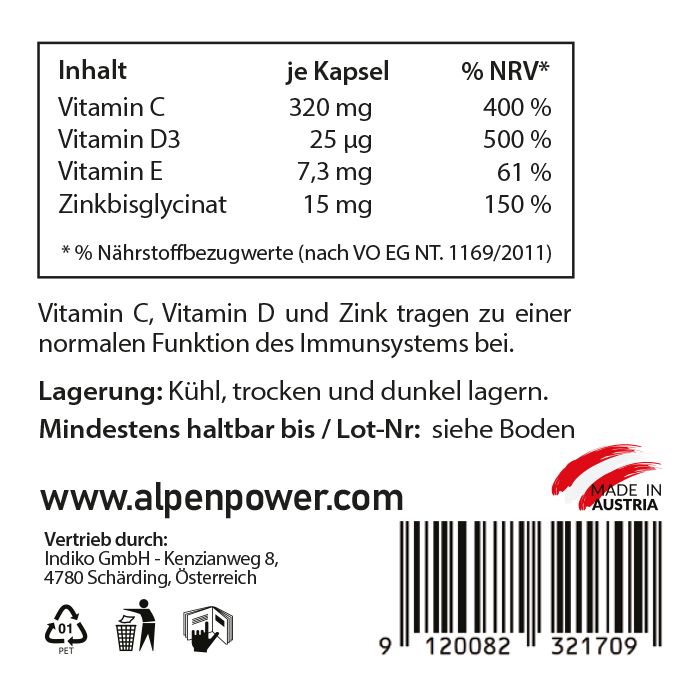 Etikett mit Inhaltsangaben und Nährwertinformationen. Enthält Vitamin C, D, E und Zink. Hergestellt in Österreich.