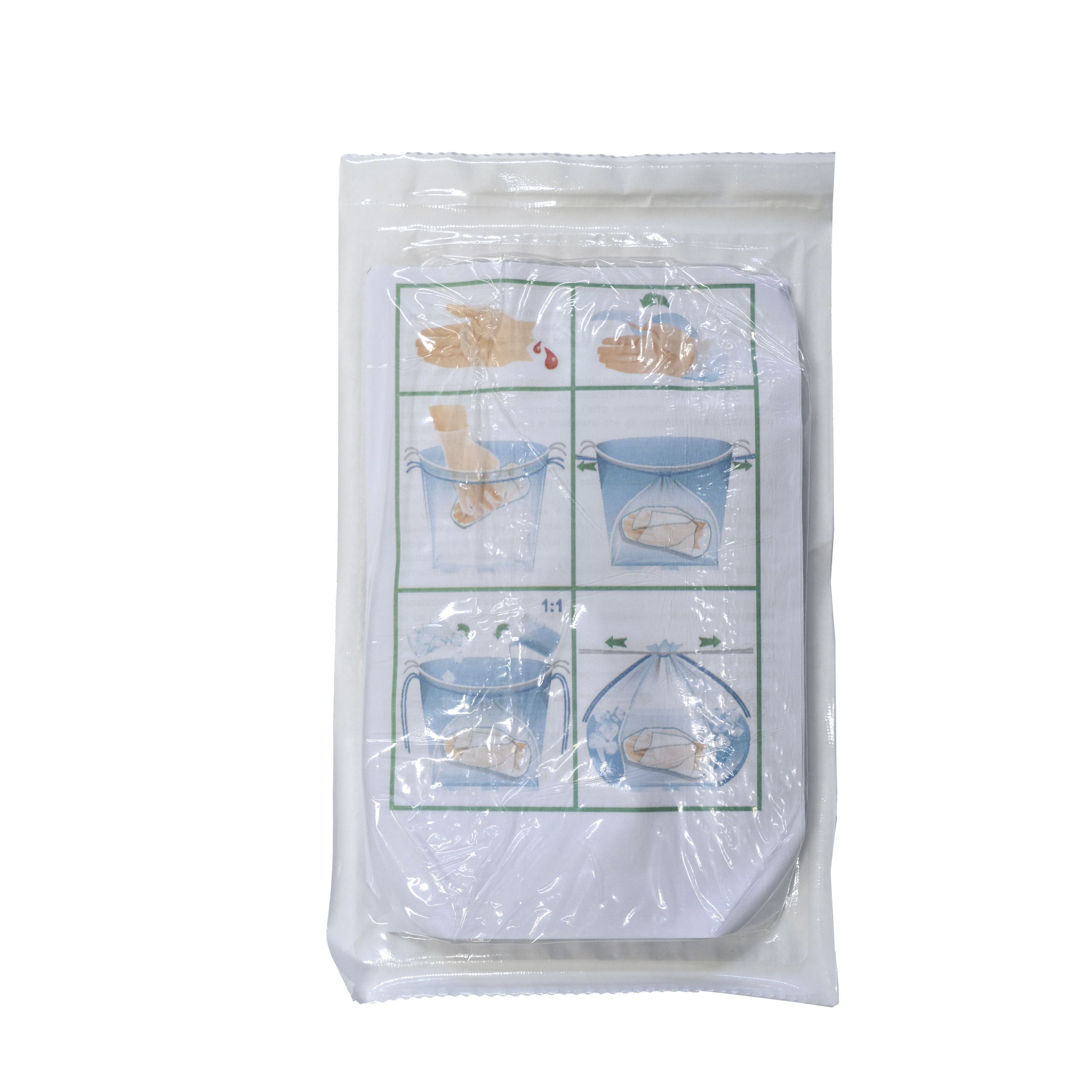 Verpackung mit Abbildung der Anwendung des Beutels. Sechs Schritte, transparente Folie.