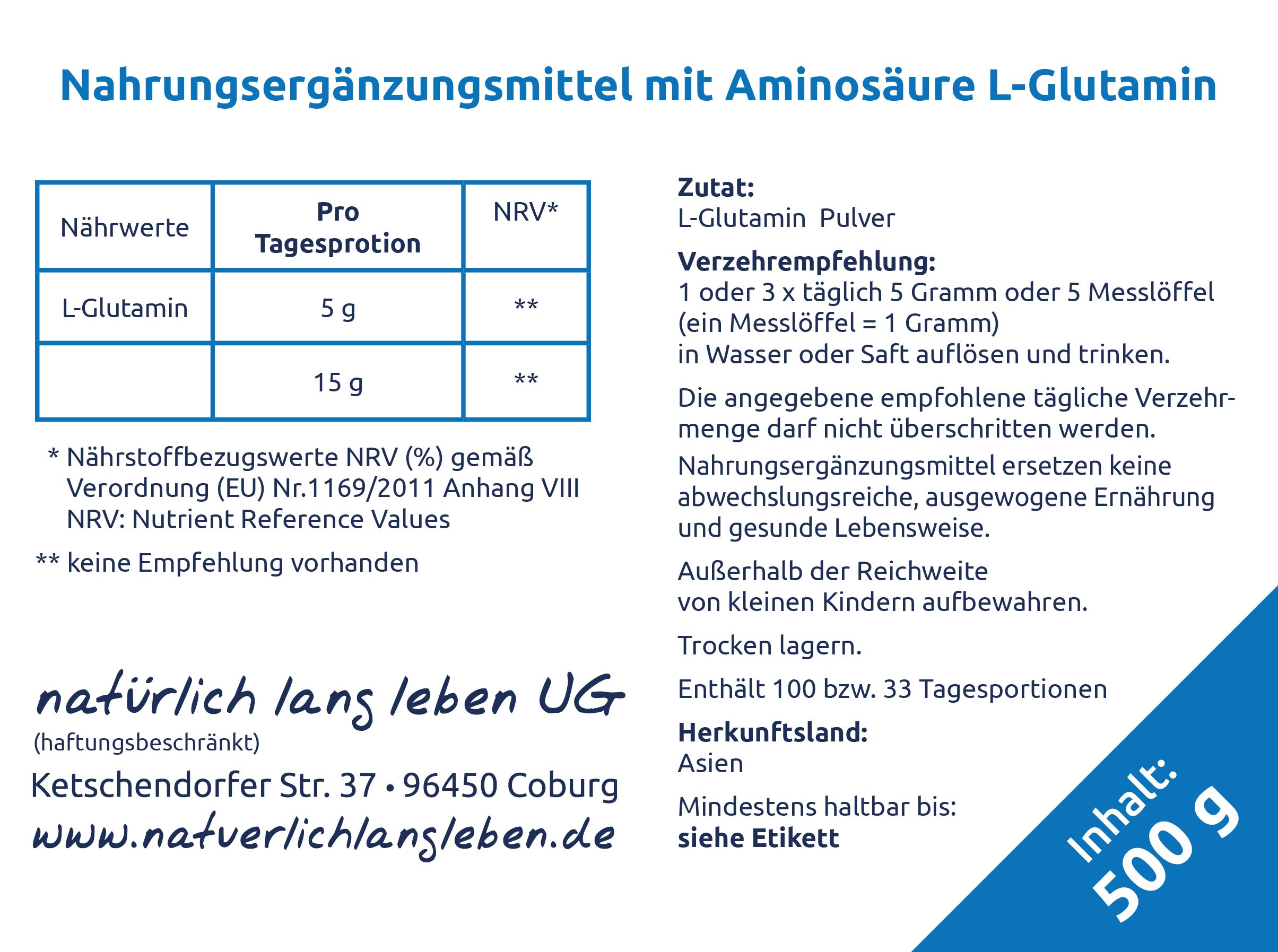 natürlich lang leben L-Glutamin Pulver 500 g