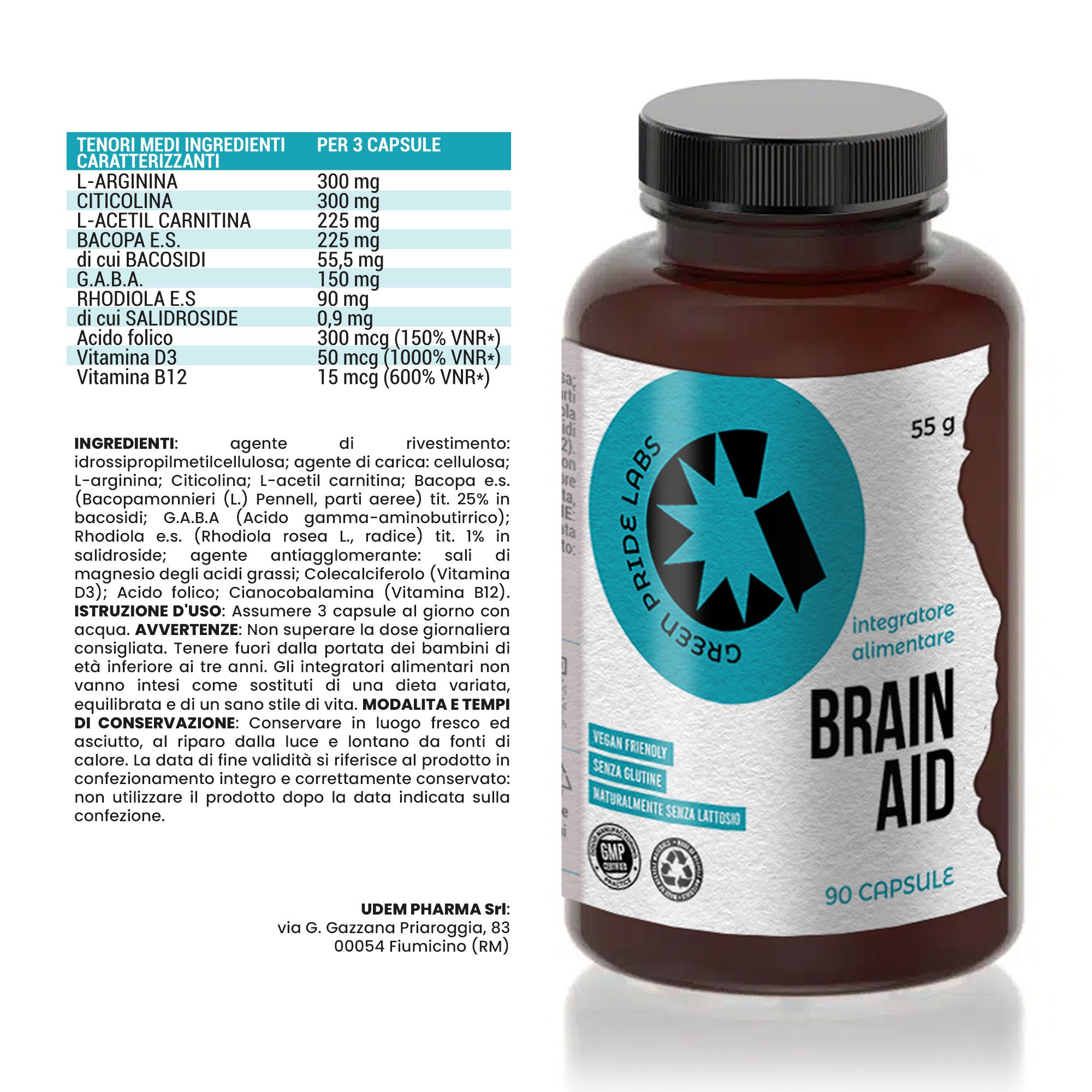 Braune Pillendose mit blauem Etikett, das „Brain Aid“ und „90 Kapseln“ zeigt.
