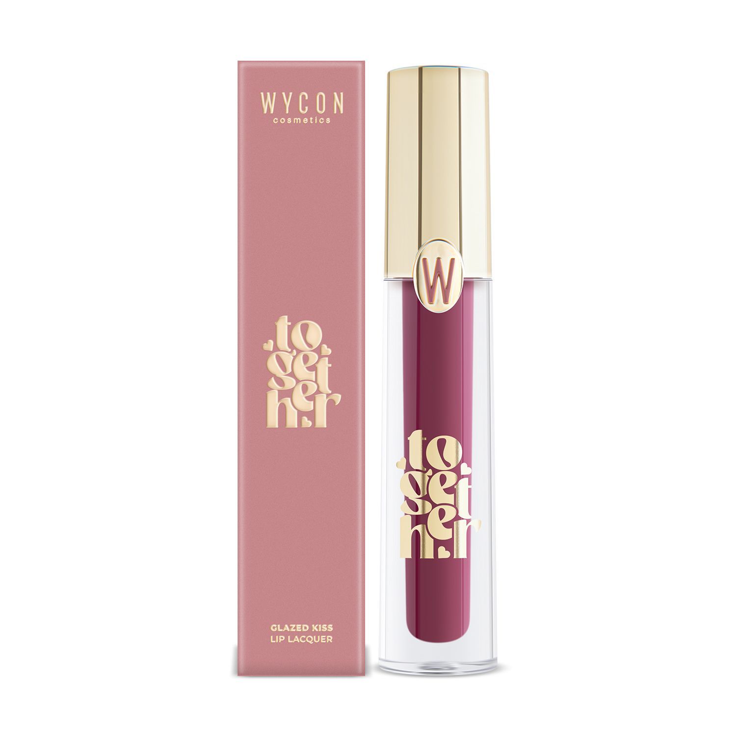 Lucidalabbra e confezione. Sulla confezione sono riportati "WYCON cosmetics" e "Glazed Kiss Lip Lacquer".