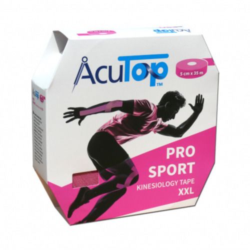 Verpackung von AcuTop Pro Sport Tape XXL pink. Aufdruck: Logo, Produktname, Abbildung eines Sportlers mit Tape, Maße 5 cm x 35 m.