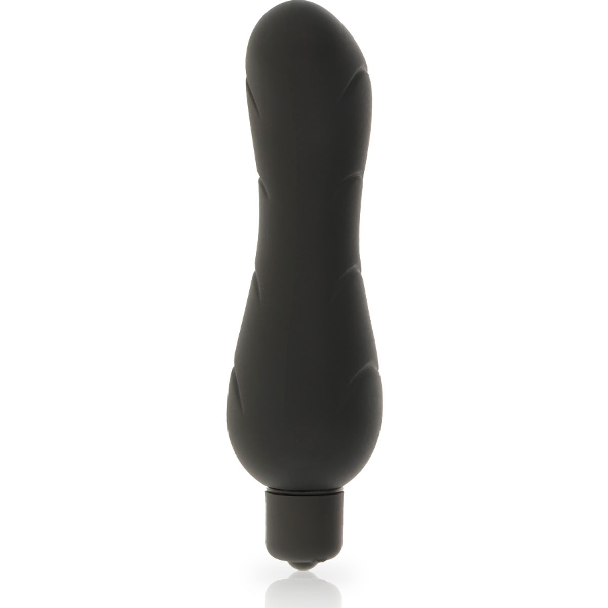 Schwarzer Minivibrator mit wellenförmigem Design und drei erhabenen Ringen. Unterteil mit kleinerem, zylindrischem Element.