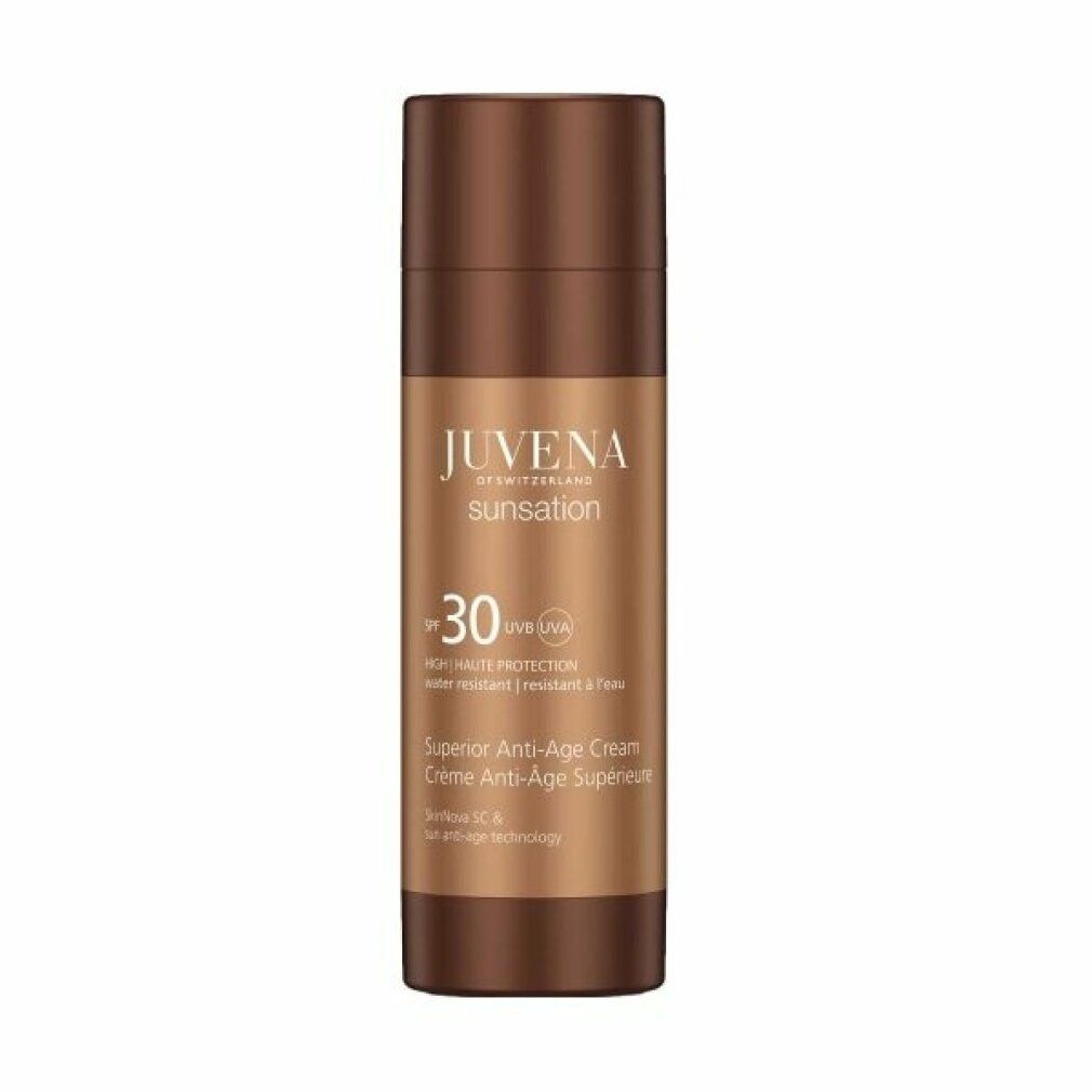 Braune Flasche. Aufschrift: Juvena Sunsation Superior Anti-Age Cream SPF30. Wasserfest.