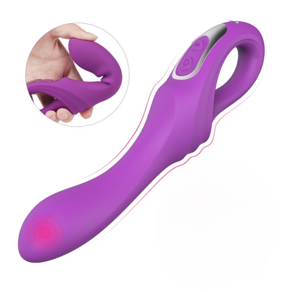 Lila Vibrator, teilweise gebogen, in Hand gehalten. Zwei Knöpfe, silberne Akzente. Roter Punkt.