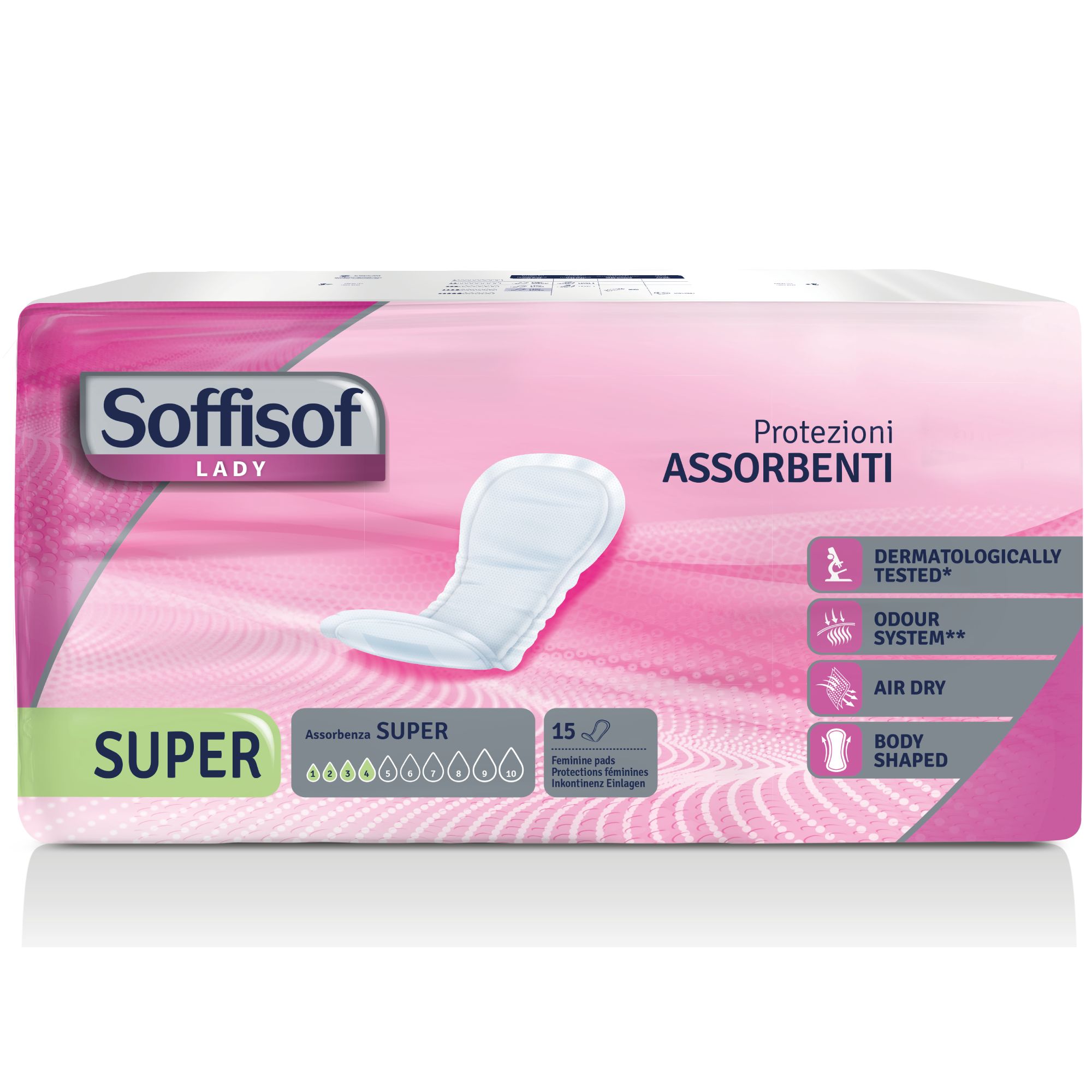 Verpakking Soffisof Lady Super. Incontinentieverband voor dames. Anatomische vorm. Dermatologisch getest. Geurbestendig.