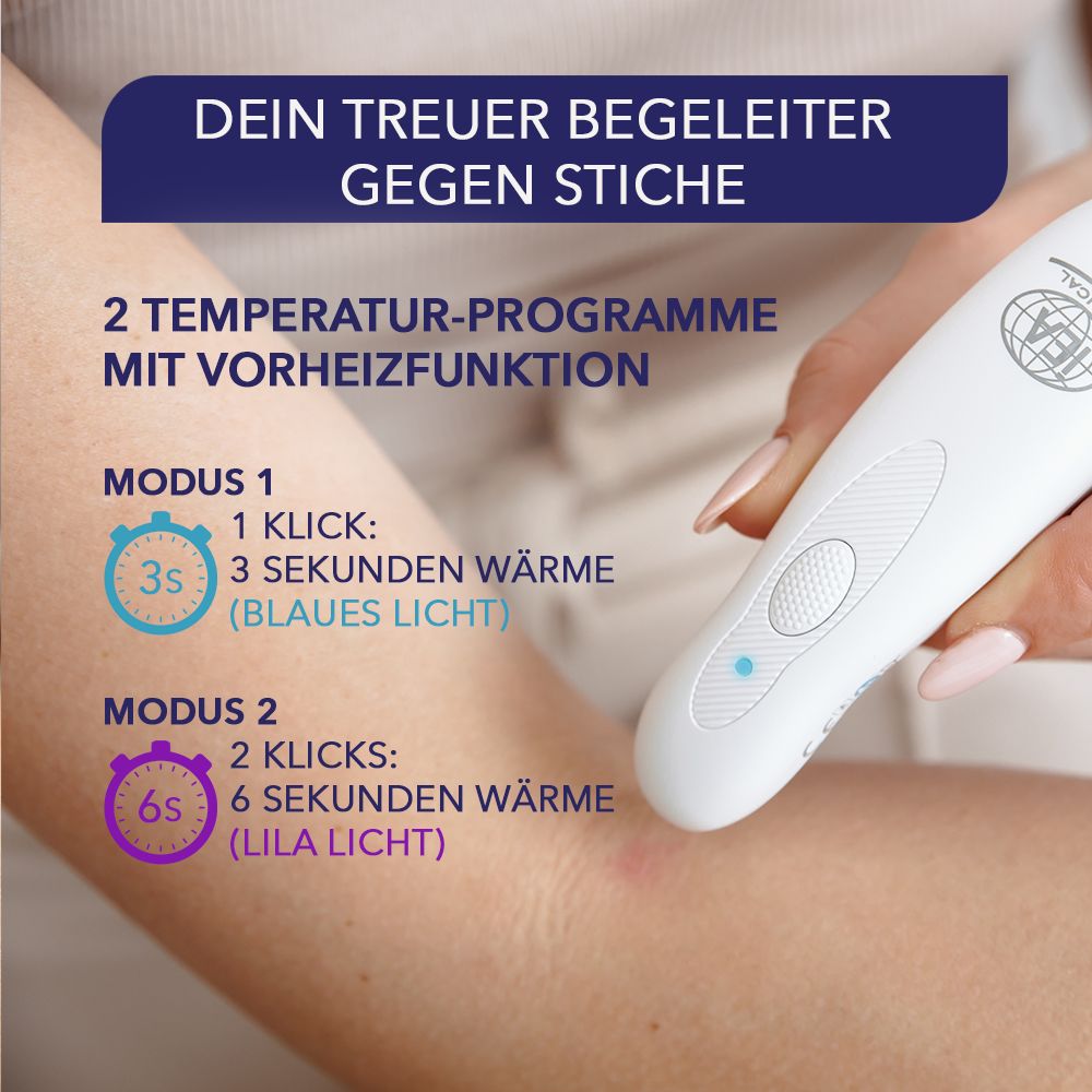 Arm mit Gerät. Text: 2 Temperaturprogramme. Blaues und lila Licht. IEA-Logo.