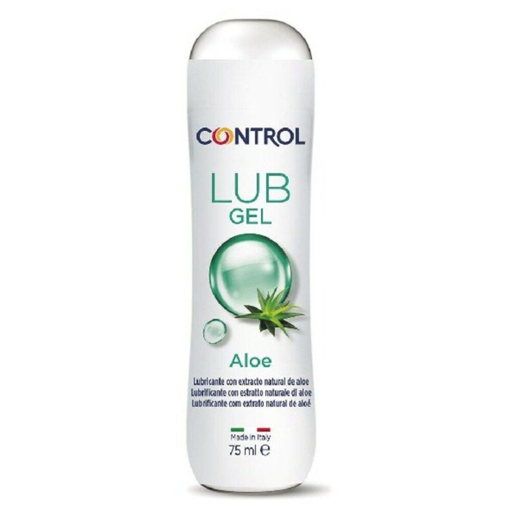 Weißes Fläschchen "CONTROL LUB GEL Aloe". Mit Aloe-Extrakt. 75 ml. Hergestellt in Italien. Parabenfrei.