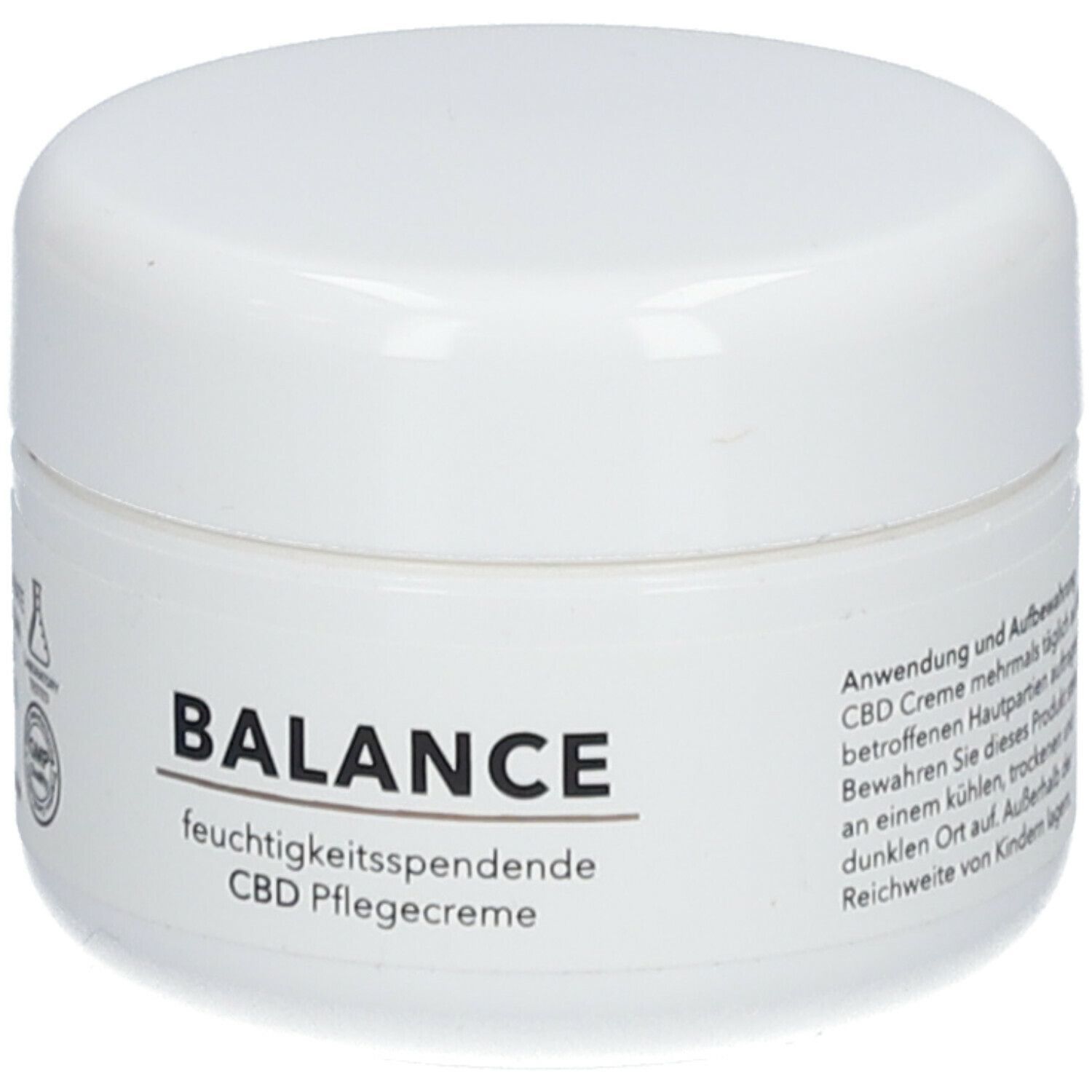 Weiße Creme-Dose mit Deckel. Aufschrift: BALANCE, feuchtigkeitsspendende CBD Pflegecreme. Text über Anwendung.