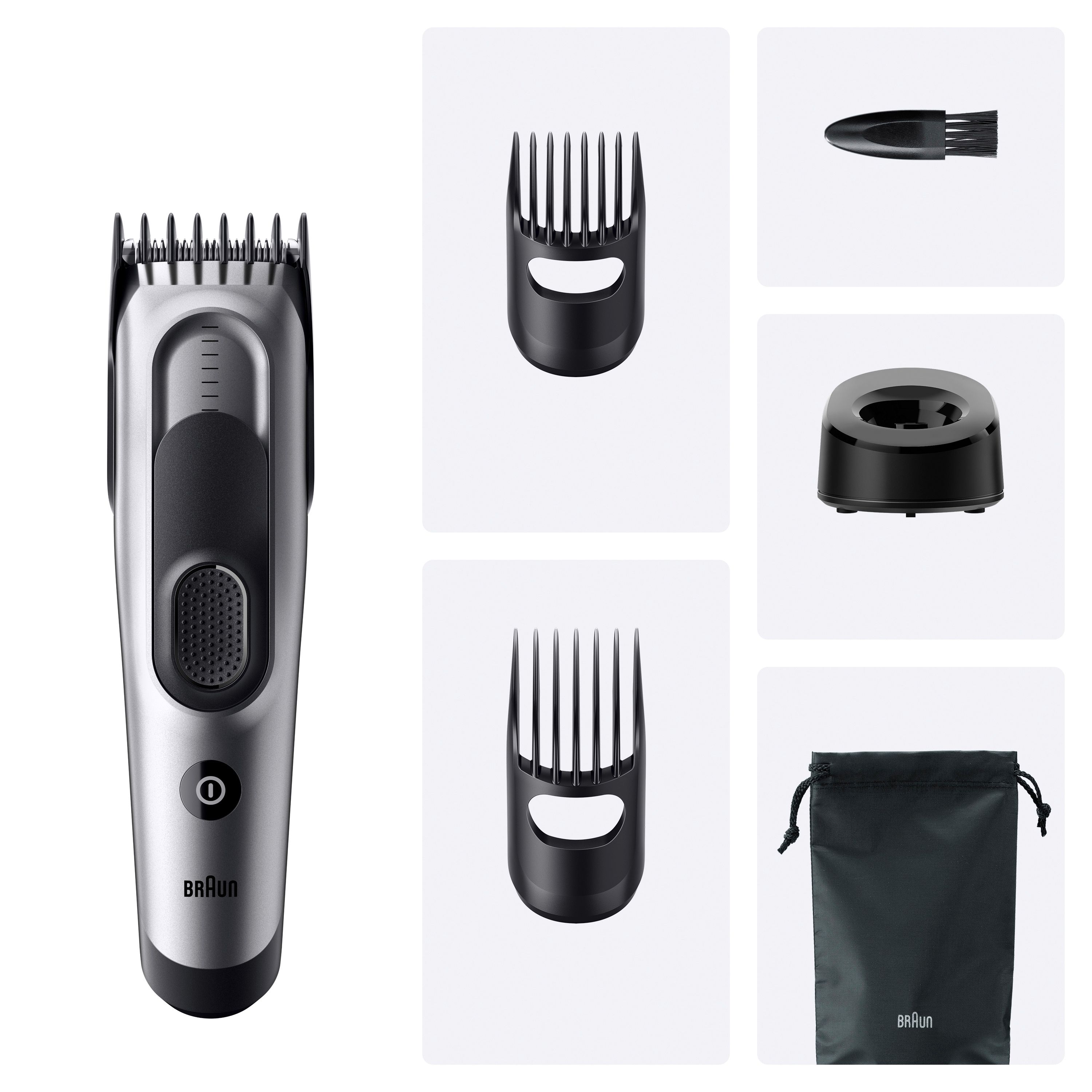 Braun Series 7 Haarschneider mit Aufsätzen, Ladestation und Beutel. Silber-schwarz. Zubehör.