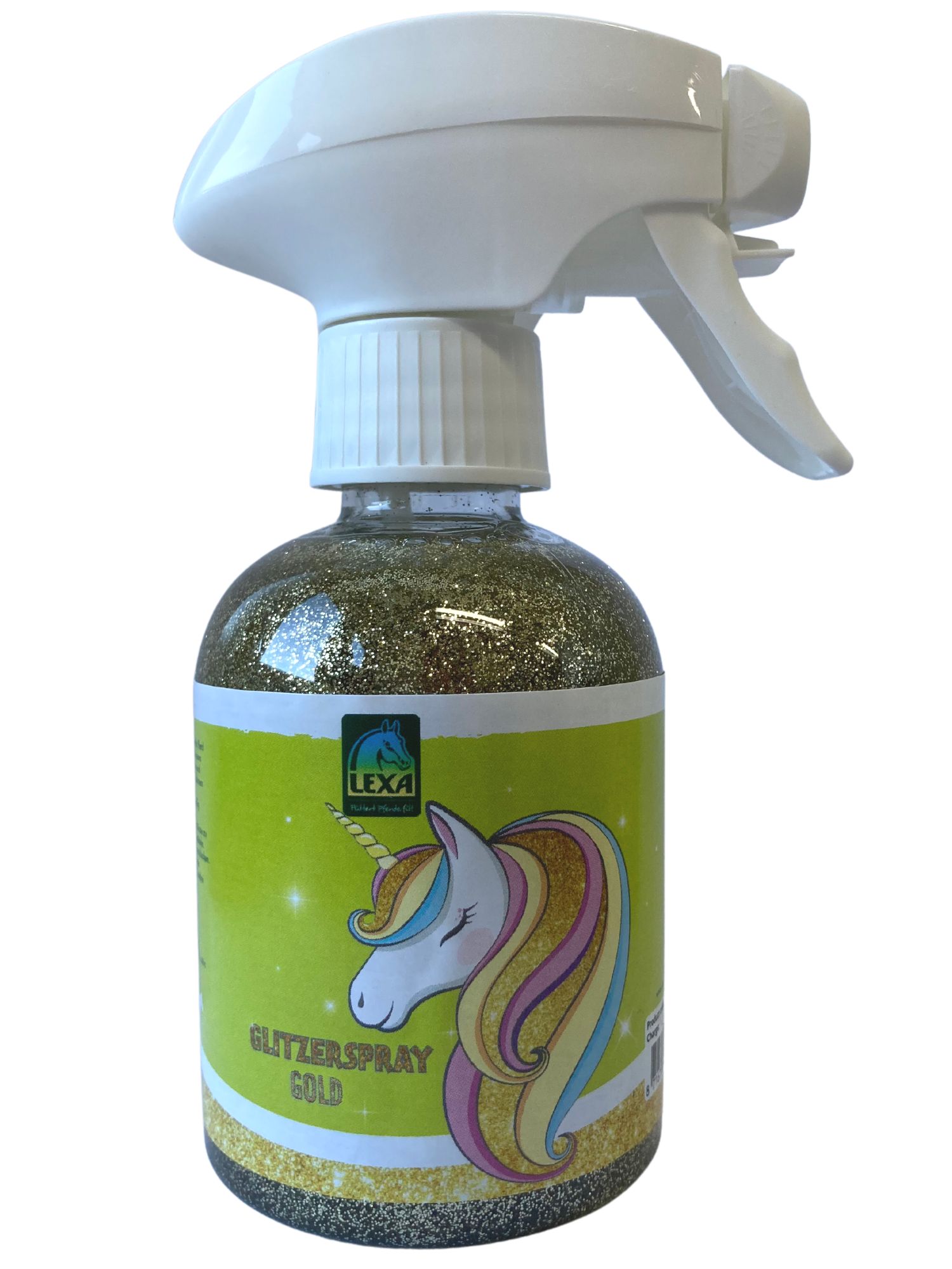 Sprühflasche mit goldfarbenem Glitzer. Auf dem Etikett ist ein Einhorn abgebildet. Der Markenname LEXA ist sichtbar.
