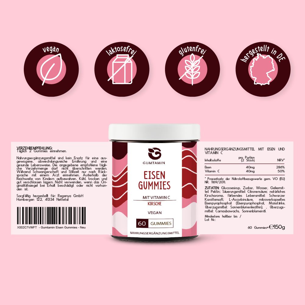 Etikett einer Dose Eisen Gummibärchen. Text: Eisen Gummies, Kirsche, 60 Gummis, vegan, laktosefrei, glutenfrei, hergestellt in DE.