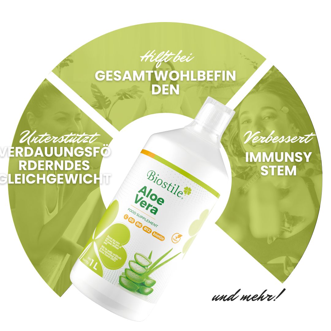 Biostile Aloe Vera Flasche. Text: Hilft bei Gesamtwohlbefinden. Unterstützt Verdauungsgleichgewicht. Verbessert Immunsystem.