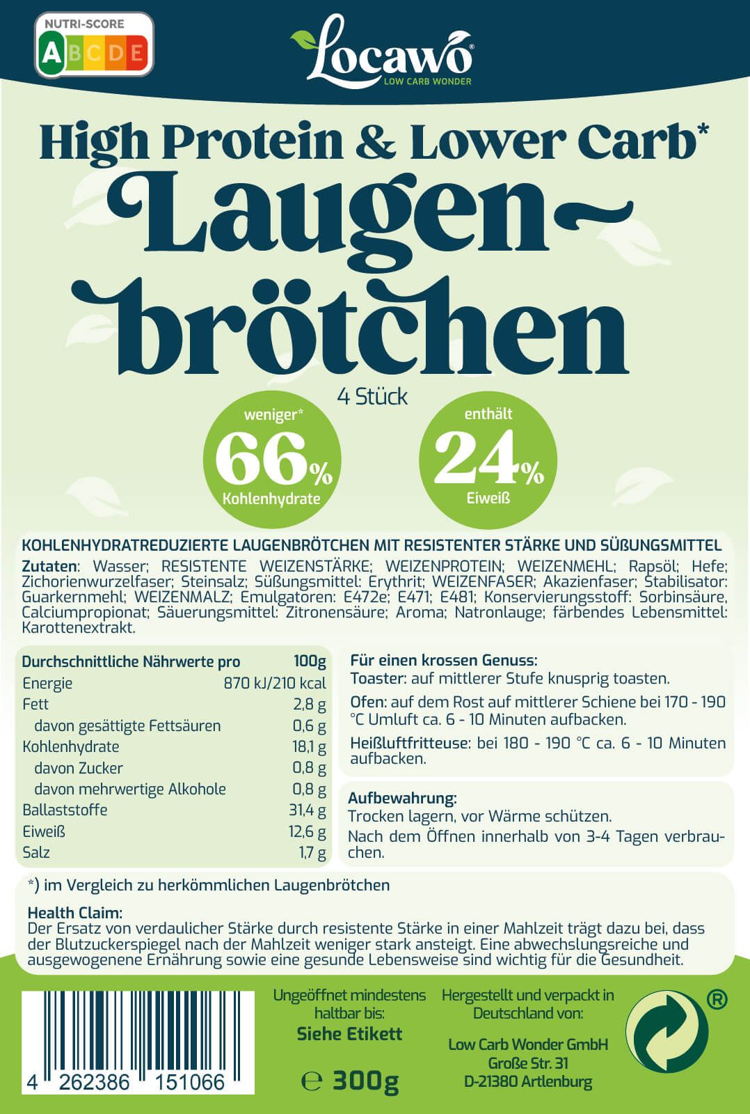 Produktverpackung mit Nährwertangaben und Zutatenliste. Marke und Produktname deutlich sichtbar. Grün-weißes Design.