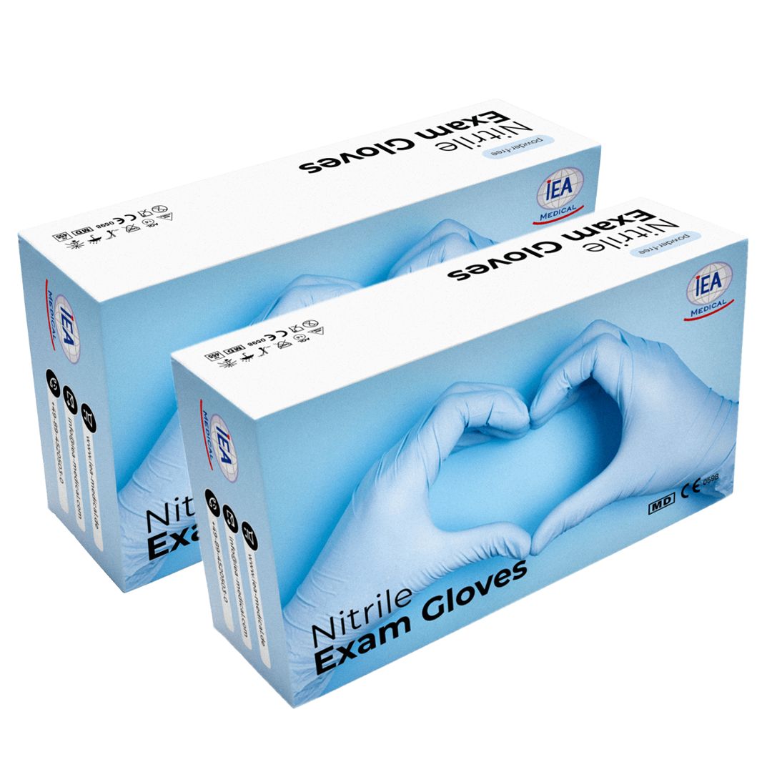 Zwei Kartons IEA Medical Nitrilhandschuhe blau S. Aufdruck: Nitrile Exam Gloves. CE-Kennzeichnung.