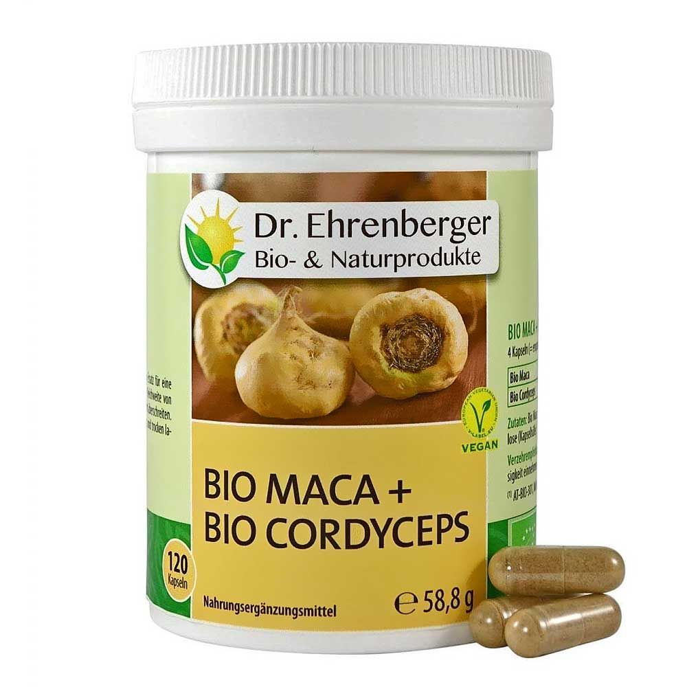 Weißes Kunststoff-Behälter mit Kapseln. Aufschrift: Dr. Ehrenberger, Bio Maca + Bio Cordyceps, 120 Kapseln, vegan.