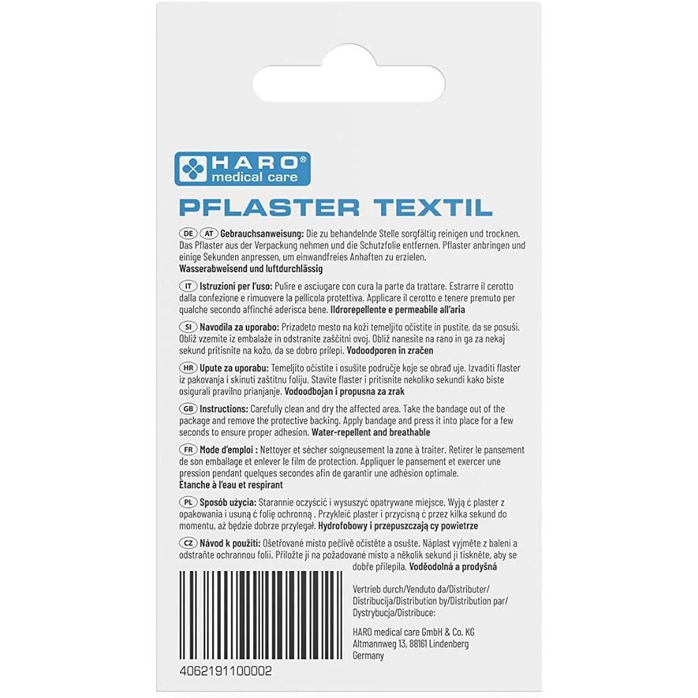 Achterkant van de Haro Pflaster Textil verpakking. Productinformatie en gebruiksaanwijzing in meerdere talen.