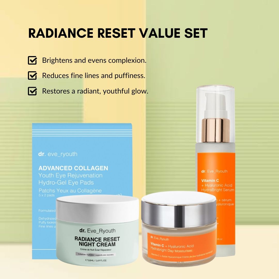 Gesichtscreme, Serum und Augenpads. Produkte der Marke Dr. Eve_Ryouth. Verpackung mit Text. Orangefarbene und grüne Behälter.