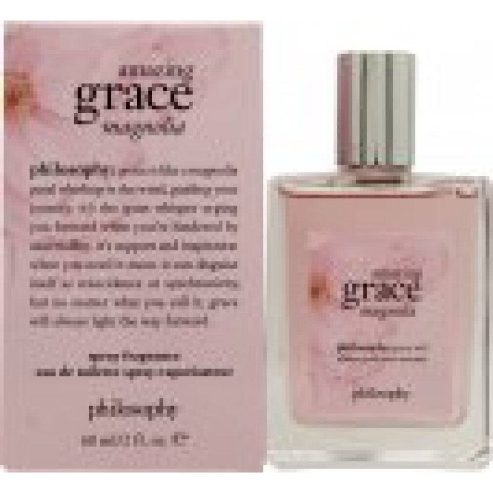 Rosa Flakon und Schachtel. Aufschrift "amazing grace magnolia" und "philosophy".