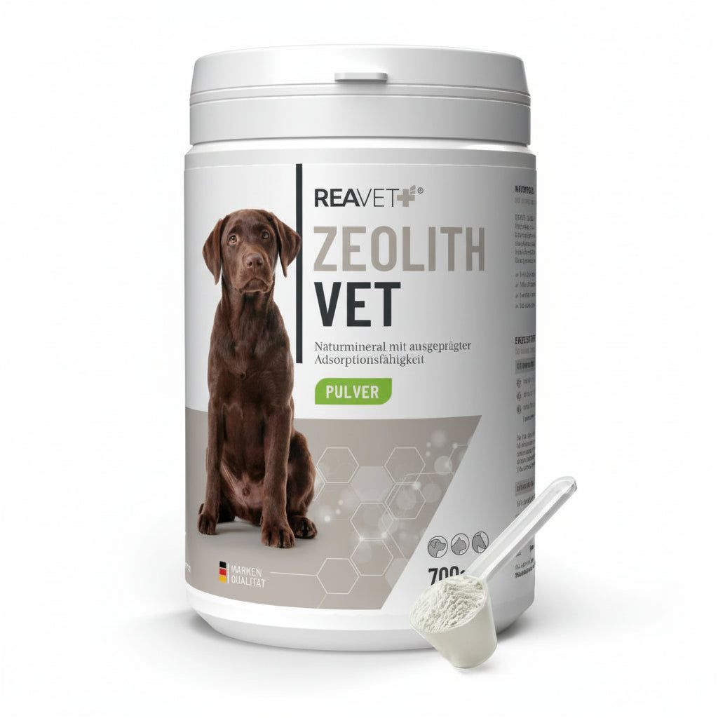 Dose ReaVET Zeolith VET Pulver. Text: Naturmineral mit Adsorptionsfähigkeit. Text: 700g. Mit Messlöffel.