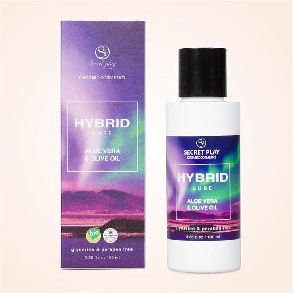 Secret Play Hybrid Gleitgel Flasche und Karton mit Aloe Vera und Olivenöl. Glycerin- und parabenfrei.