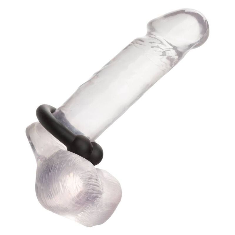 Schwarzer Ring am transparenten Penis. Aus Silikon. Für Intimbereich.