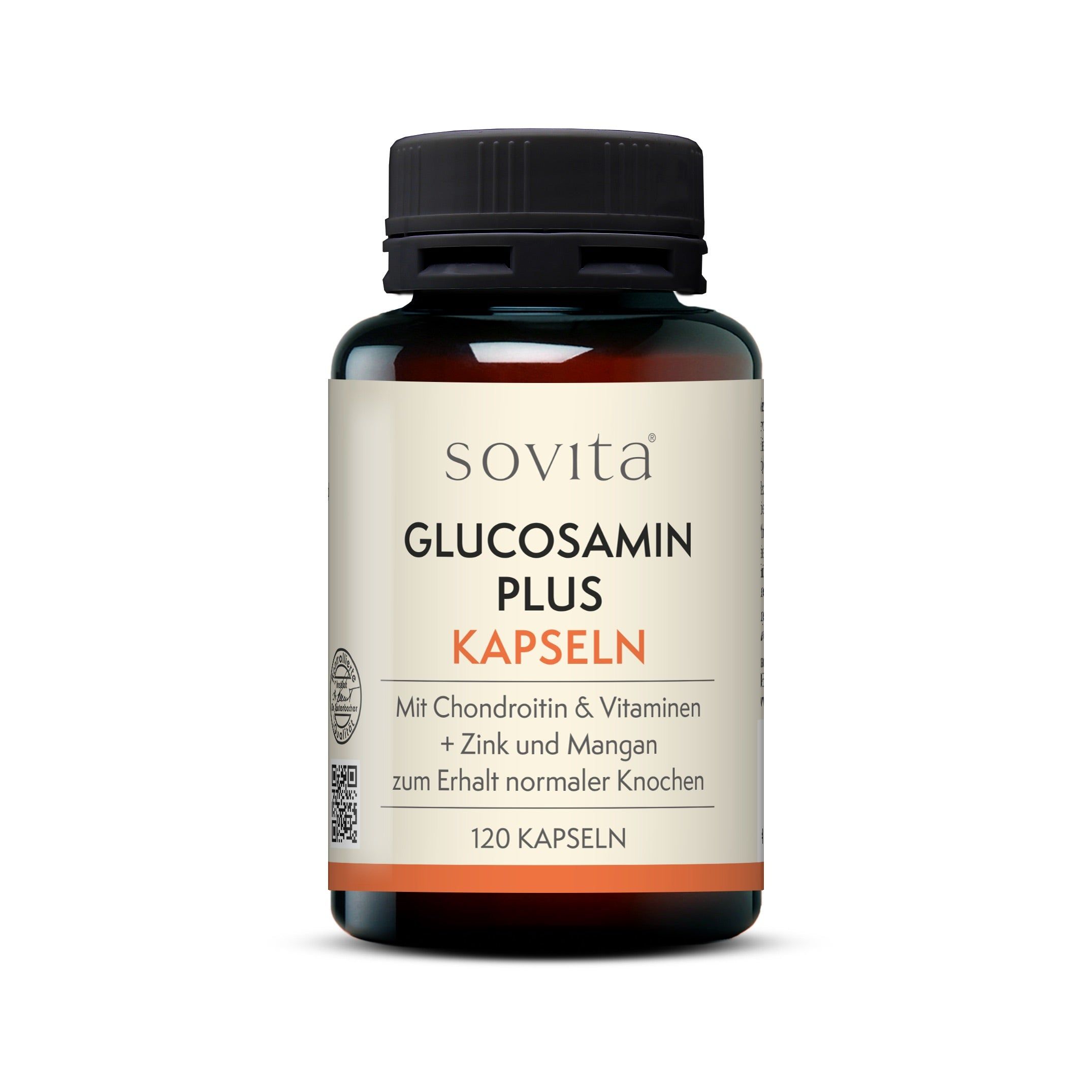 Braune Glasflasche mit sovita Glucosamin Plus Kapseln. Aufschrift: Mit Chondroitin, Vitaminen, Zink & Mangan. 120 Kapseln.
